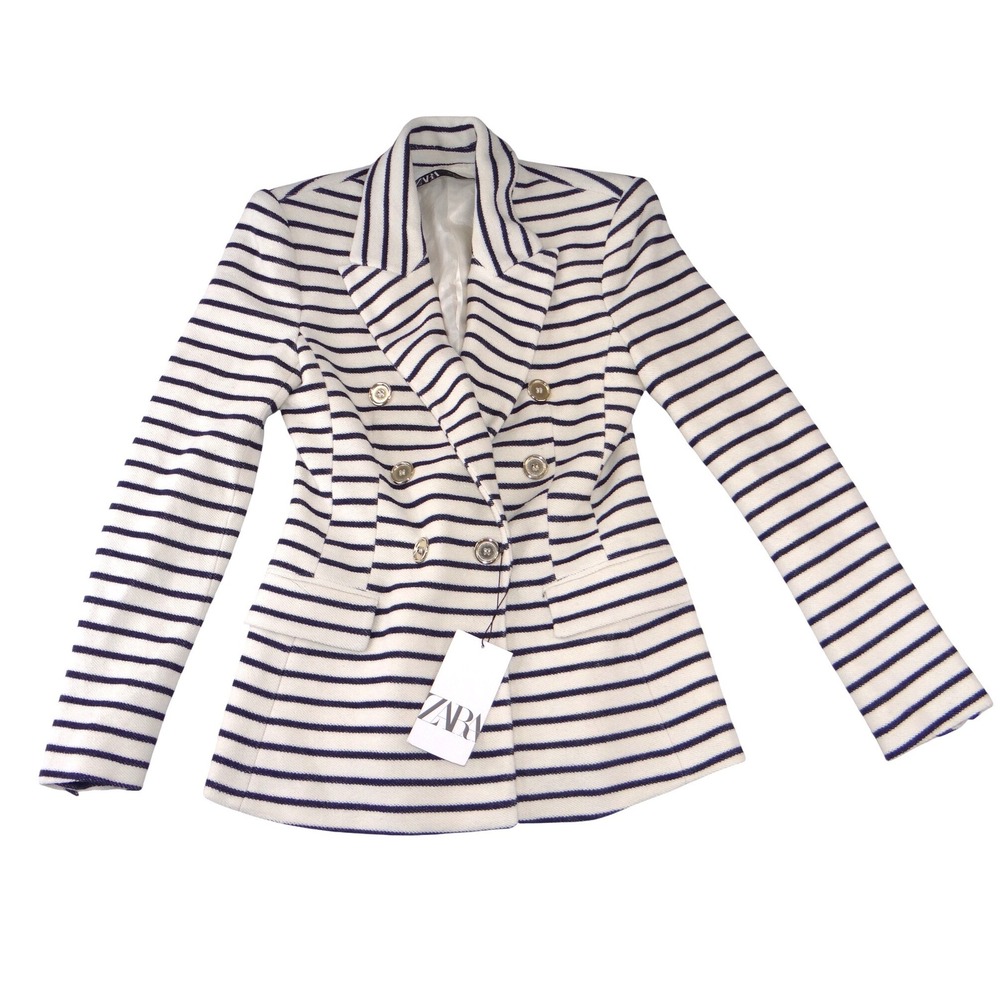 NWT-Zara Womens‎ Navy White Striped Double Breasted Blazer Gold Buttons